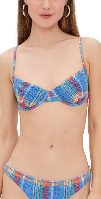 Polo Ralph Lauren Smocked Madras Balconette Swim Top Multi