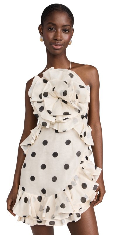Zimmermann Crush Ruffle Halter Mini Dress Cream/Black Dot