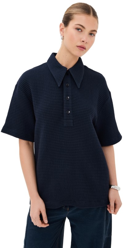 Tibi Quilted Waffle Polo Tunic Top Navy