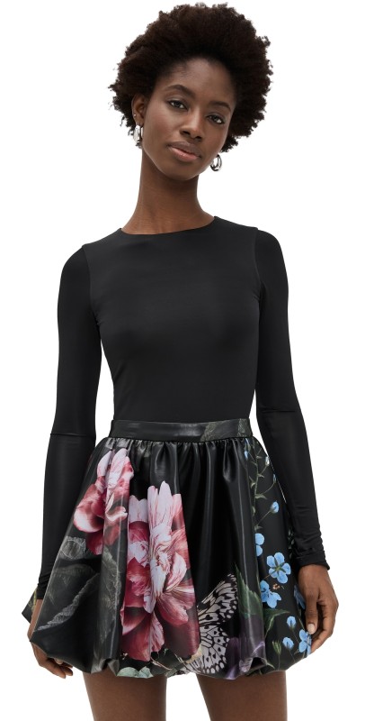 alice + olivia Chara Crew Neck Bubble Mini Dress with Thumbholes In The Wind Floral