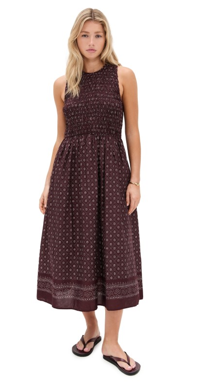 Madewell The Melody Scoop Back Smocked Midi Dress Diamond Daisy Border Dusty Plu