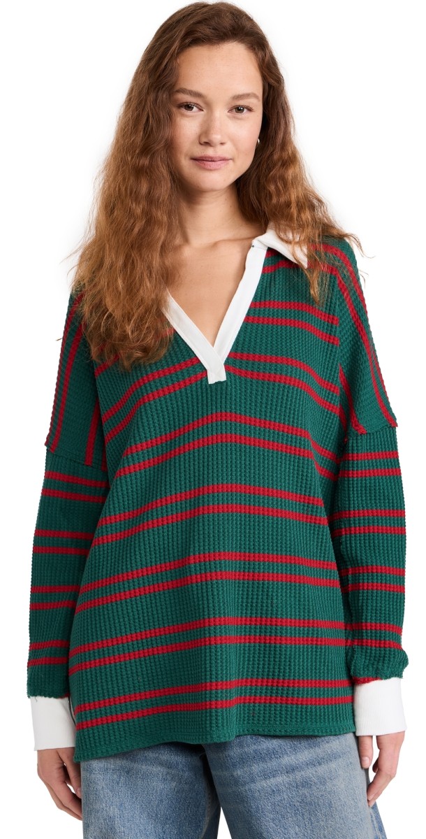 Free People Striped Travis Polo Forest Combo