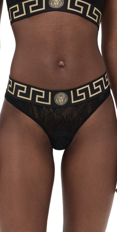Versace Brasilian Tulle Barocco Jacquard+Iconic Elastic Thong Panty Black