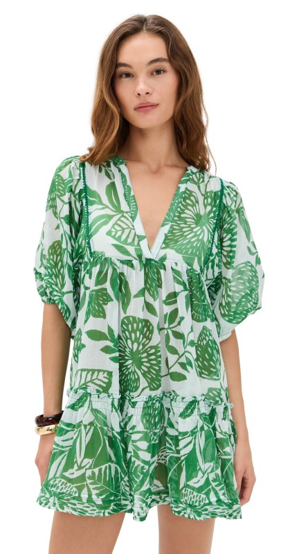 Poupette St Barth Aria Mini Dress White Green Macro Stelis