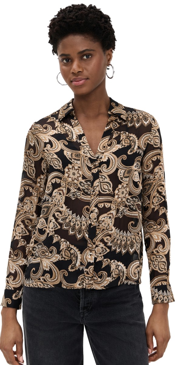 alice + olivia Eloise Button Down Blouse Spring Paisley Black
