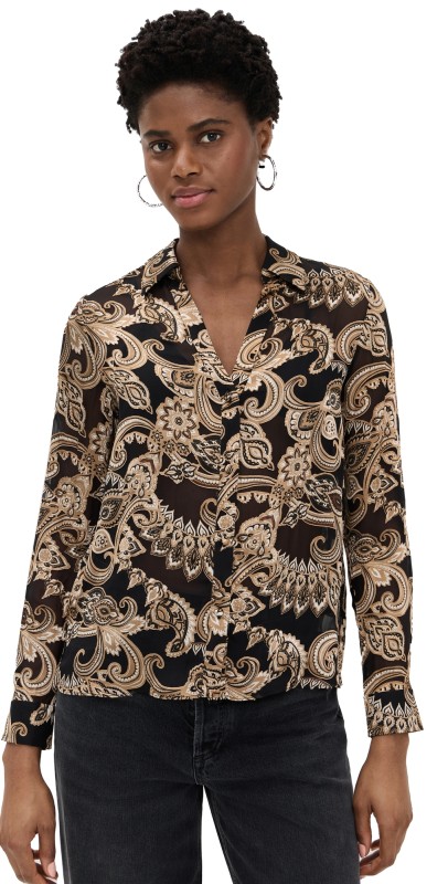 alice + olivia Eloise Button Down Blouse Spring Paisley Black