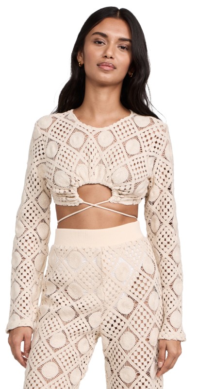 Andrea Iyamah Hira Key Hole Crochet Crop Top Chalk