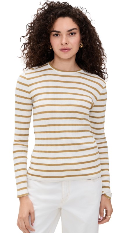 Vince Rib Stripe Long Sleeve Crew Tee Sand Sage Combo