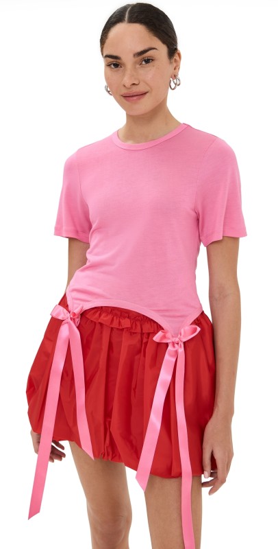 Simone Rocha Easy Short Sleeve T-Shirt with Bow Tails Bright Pink