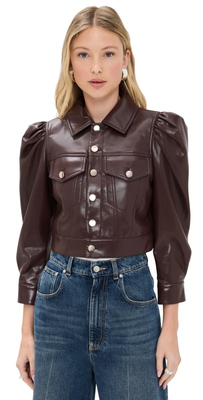 alice + olivia Lana Vegan Leather Puffed Sleeve Jacket Dark Chocolate
