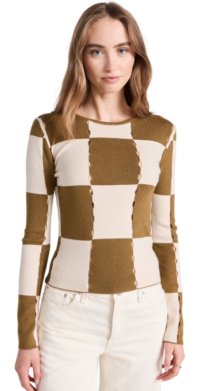 Moon River Checkerboard Sweater Top Olive
