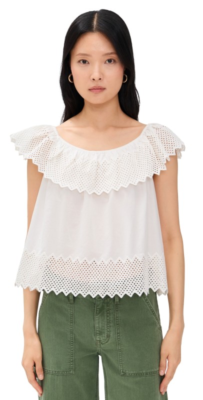 THE GREAT. The Westport Top with Honeycomb Eyelet White
