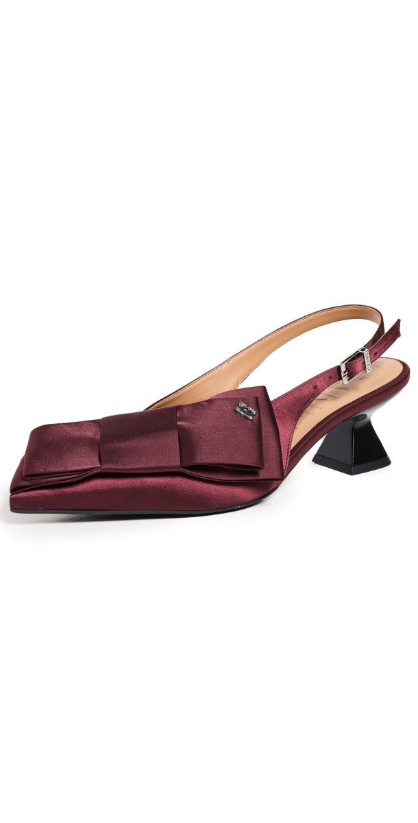 GANNI Big Bow Kitten Heel Satin Pumps Dark Burgundy