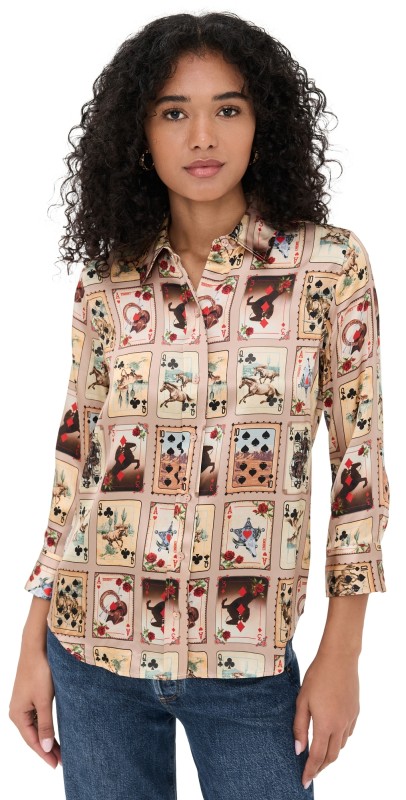 L'AGENCE Dani 3/4 Sleeve Blouse Tan Multi Western Cards