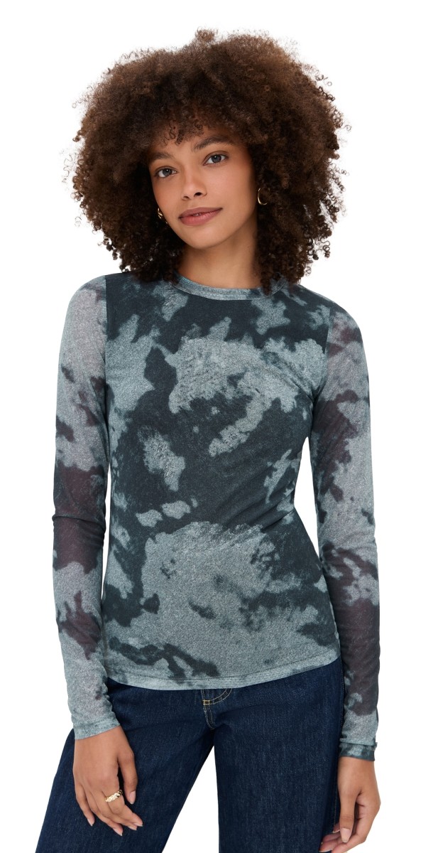 rag & bone Yana Printed Mesh Long Sleeve Tee Silver Multi