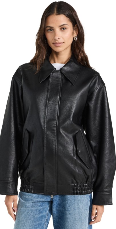 Pixie Market Nash Oversized Leather Bomber Jacket Black