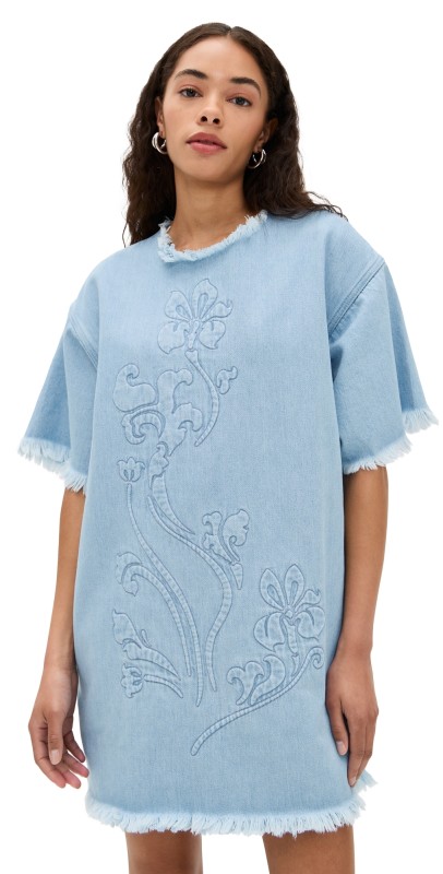 Marques'Almeida Denim T-Shirt Dress with Flower Embroidery Baby Blue