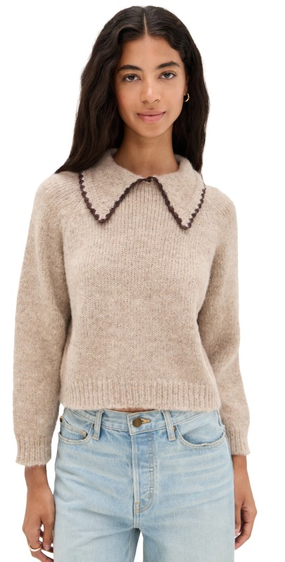 THE GREAT. The Crochet Collar Pullover Oat w/ Brown