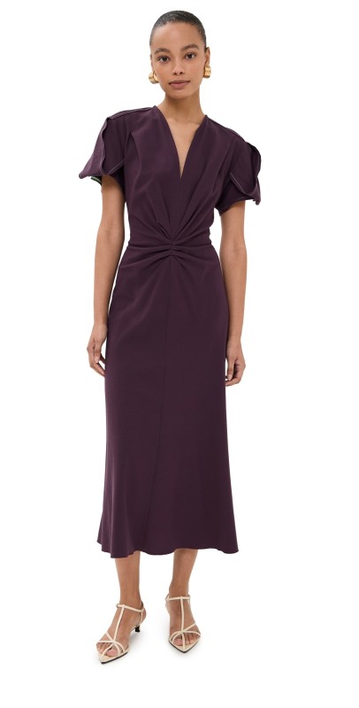 Victoria Beckham Gathered V Neck Midi Dress Fig