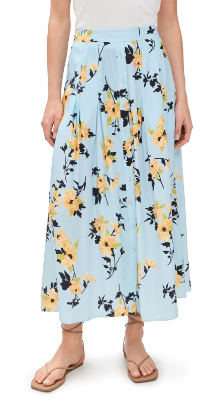 La Ligne Button Down Midi Skirt Goldenrod/Blue Floral