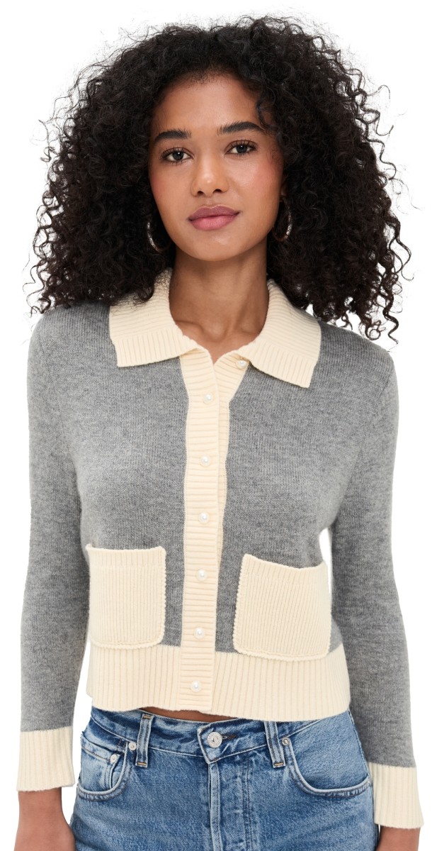 RE/DONE Pearl Contrast Cardigan Heather Grey Ivory