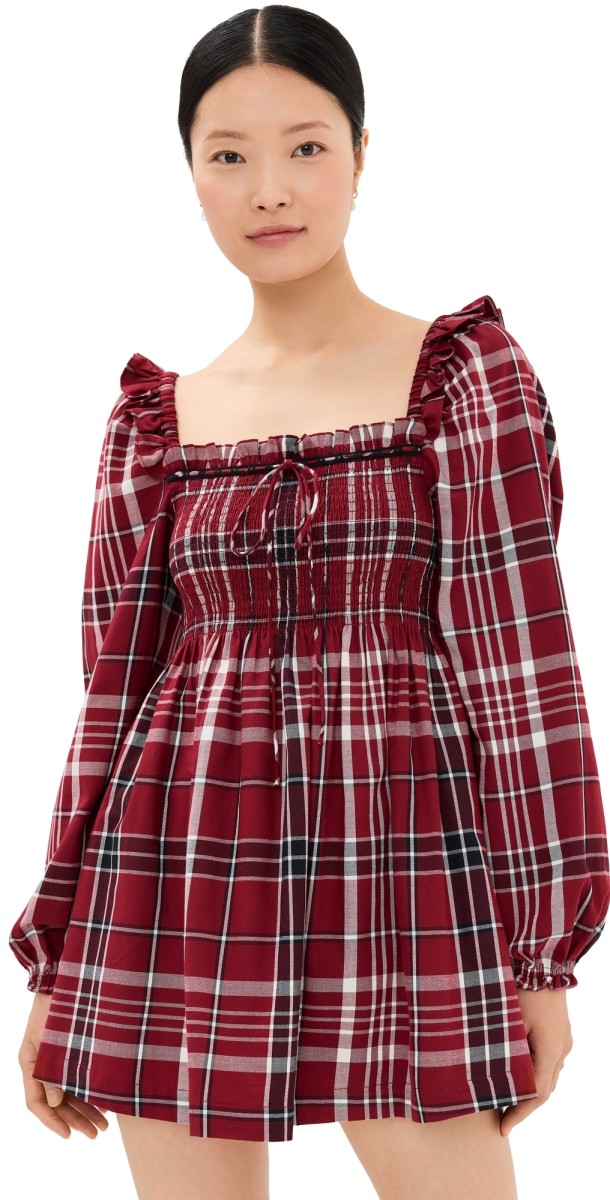 Hill House Home The Long Sleeve Scarlett Mini Nap Dress Crimson Tartan
