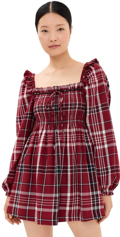 Hill House Home The Long Sleeve Scarlett Mini Nap Dress Crimson Tartan