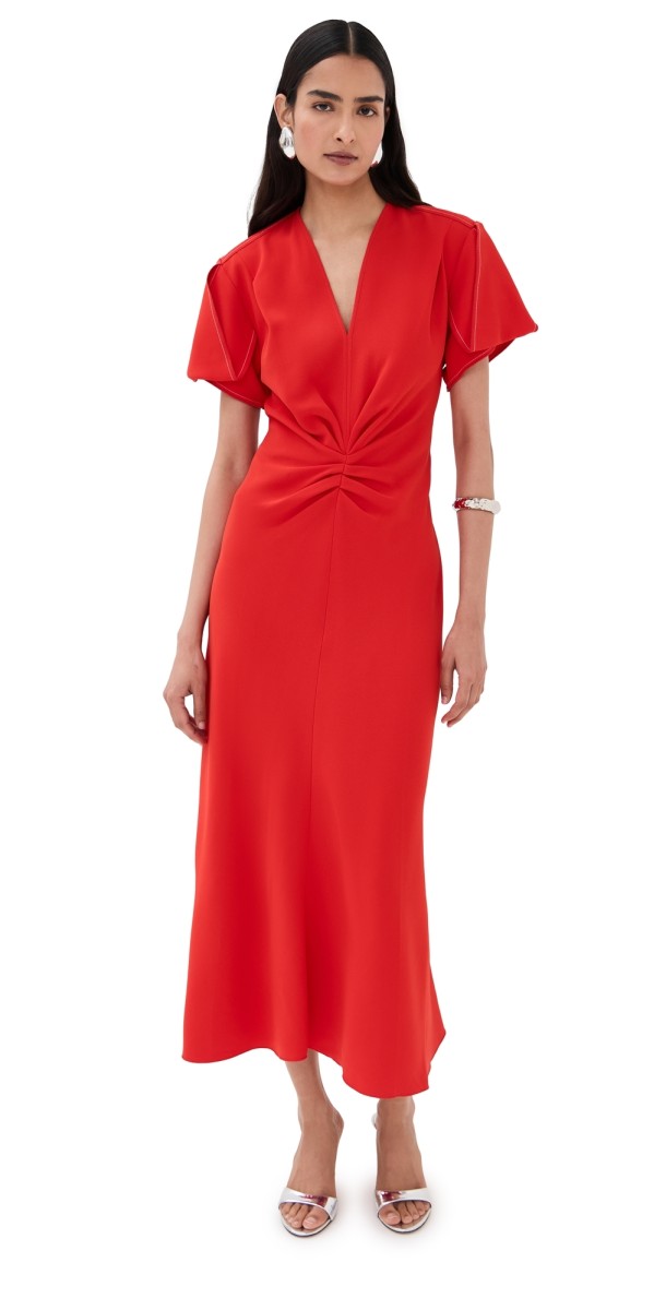 Victoria Beckham Gathered V Neck Midi Dress Tomato
