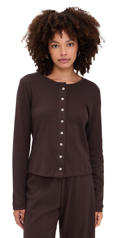 Leset Pointelle Classic Crew Cardigan Choco