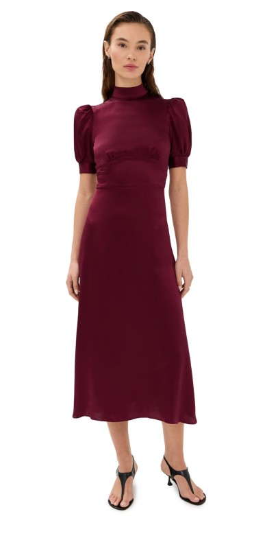 Tanner Fletcher Cordelia Mock Neck Silk Midi Dress Oxblood