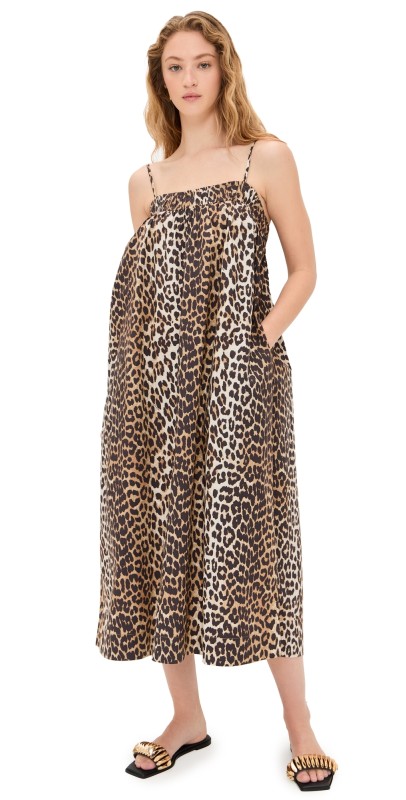 GANNI Printed Cotton Midi Strap Dress Leopard