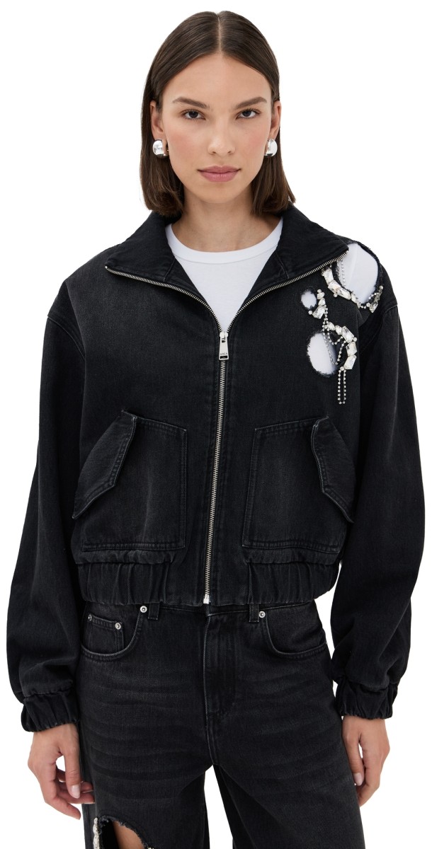 AREA Crystal Chain Cutout Bomber Jacket Washed Black