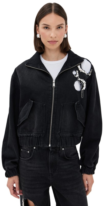 AREA Crystal Chain Cutout Bomber Jacket Washed Black