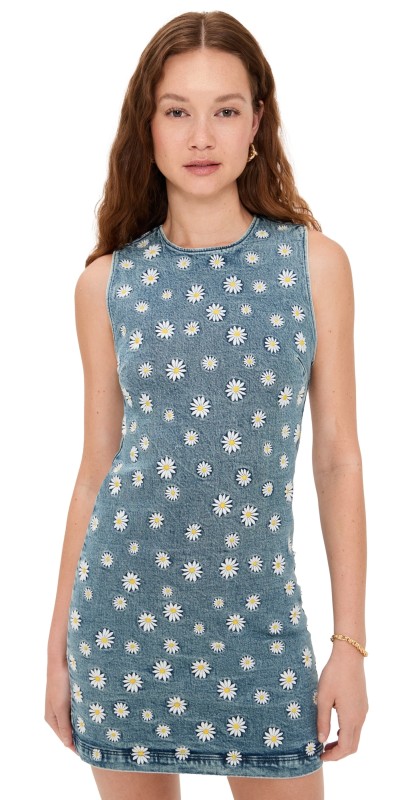 alice + olivia Wynell Embroidered Mini Dress Medium Wash