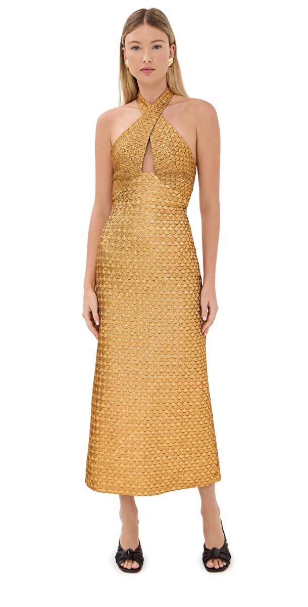 Johanna Ortiz Jacquard Elegant Expedition Midi Dress Gold