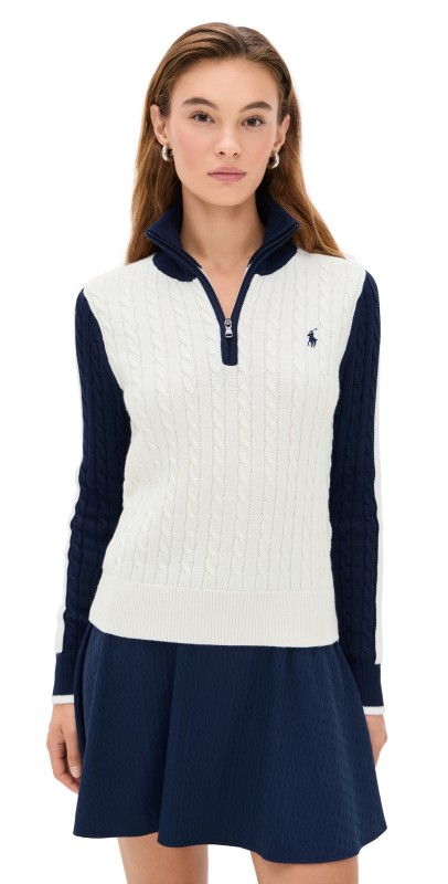 RLX Ralph Lauren Cable Knit Quarter Zip Sweater Antique White/Refined Navy