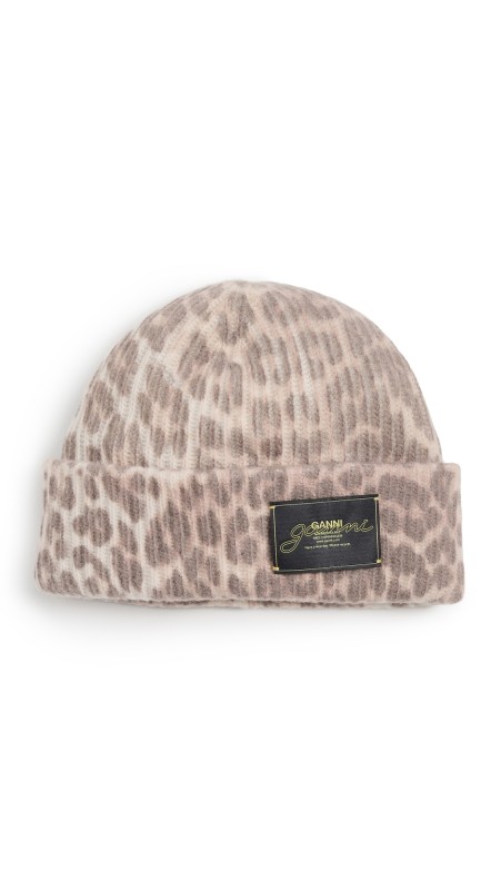 GANNI Graphic Wool Mix Printed Leopard Beanie Leopard