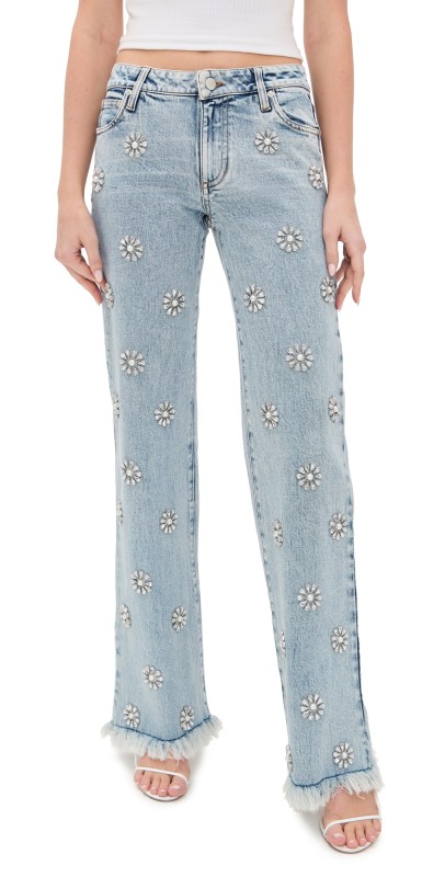 alice + olivia Roxie Embellished Straight Flare Full Length Jeans Gemma Light Blue