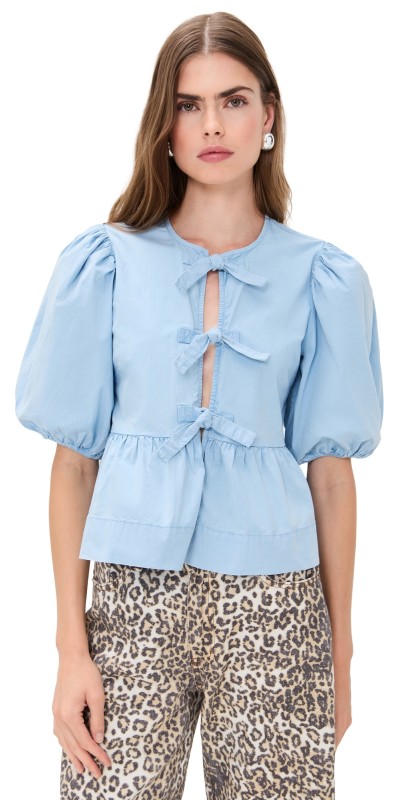 GANNI Washed Stretch Cotton Peplum Blouse Soft Chambray