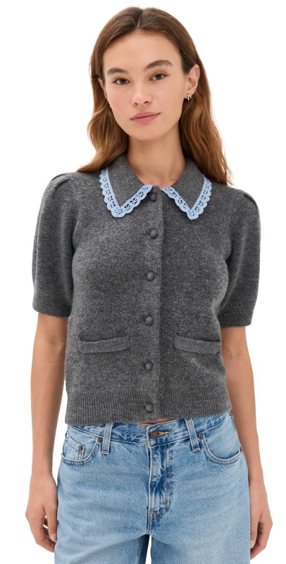 English Factory Lace Trimmed Puff Sleeve Knit Cardigan Heather Grey