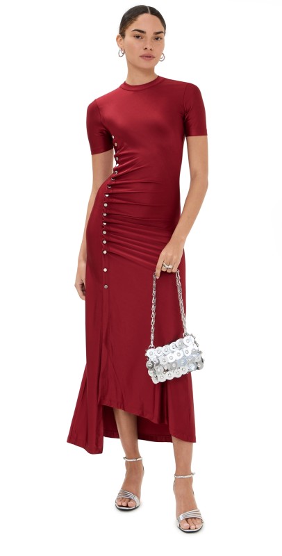rabanne Long Draped Dress in Jersey Scarlet Red
