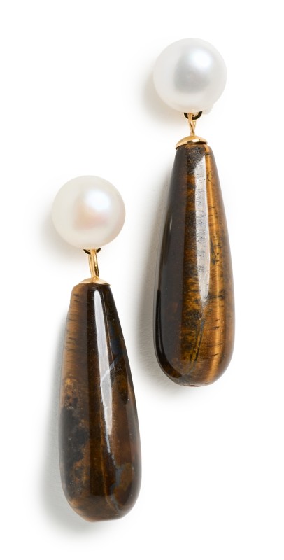SHASHI Linnea Tiger Eye Earrings Pearl/Tiger Ey