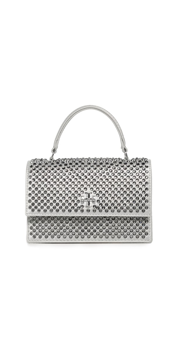 Tory Burch Kira Satin Embellished Mini Top Handle Bag Light Titanium