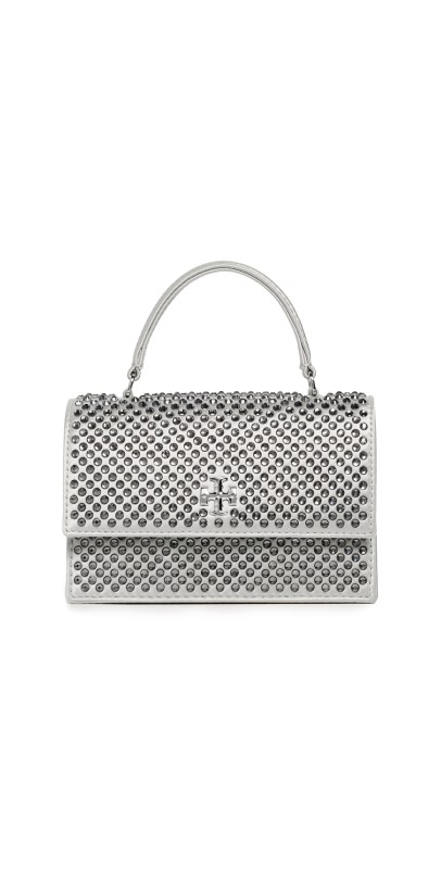 Tory Burch Kira Satin Embellished Mini Top Handle Bag Light Titanium