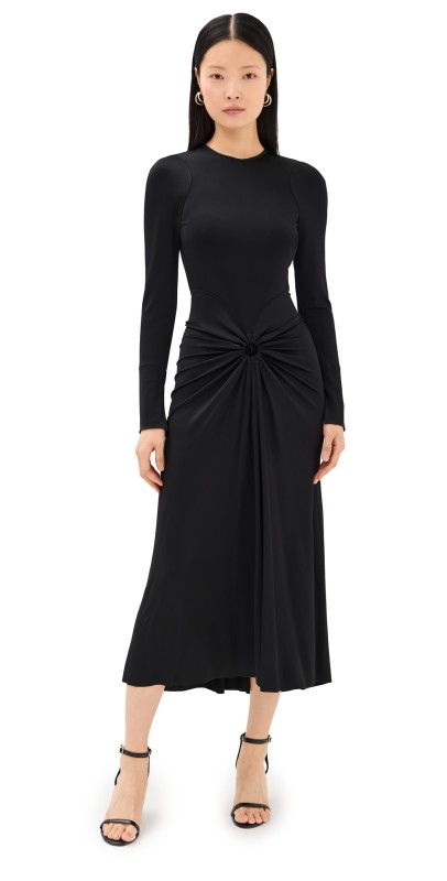 Victoria Beckham Long Sleeve Gathered Midi Dress Black