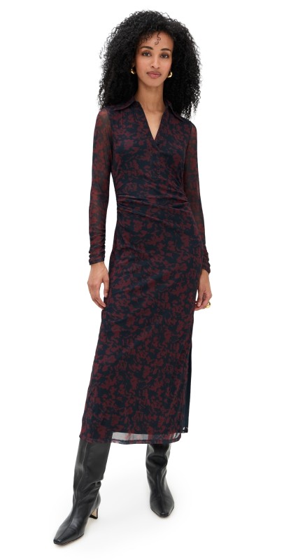 Madewell Long Sleeve Polo Midi Dress Abstract Flora Dark Navy