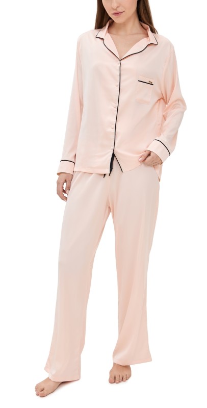 Bluebella Claudia Luxury Satin Long Pajama Set Pale Pink/Black