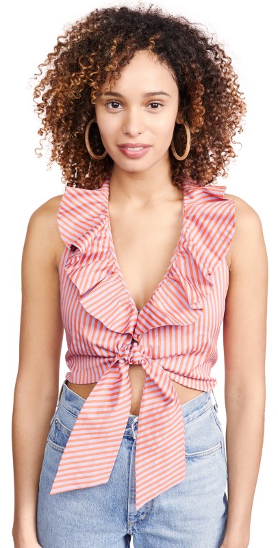 alice + olivia Dannette Ruffle Crop Top Lavender/Neon Peach