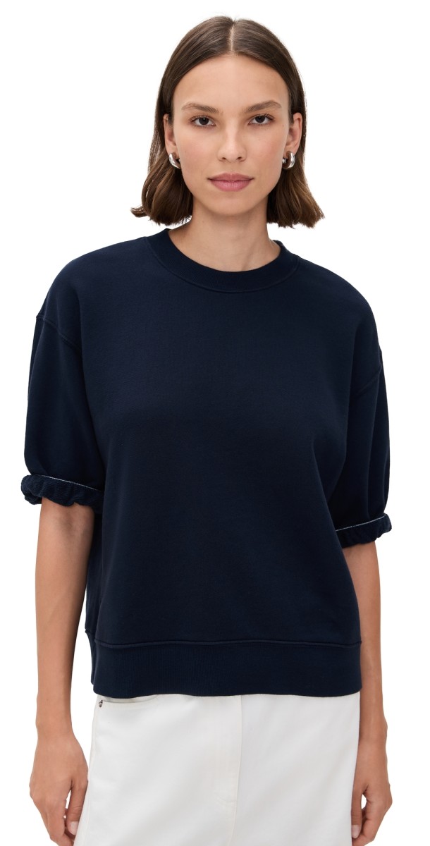perfectwhitetee Rebecca French Terry 3/4 Puff Sleeve Sweatshirt Navy