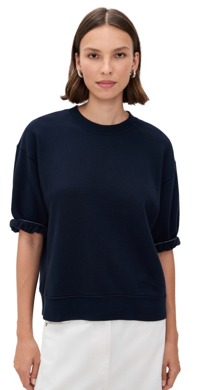 perfectwhitetee Rebecca French Terry 3/4 Puff Sleeve Sweatshirt Navy